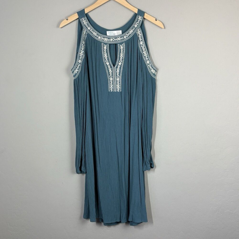 Time and Tru Dress Womens L Teal Embroidered Keyhole Neckline Boho Fairycore